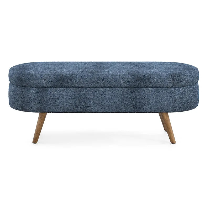 Banc de rangement ovale en tissu rembourré avec pieds en bois d'hévéa pour chambre, entrée, salon (43.5x16x16)