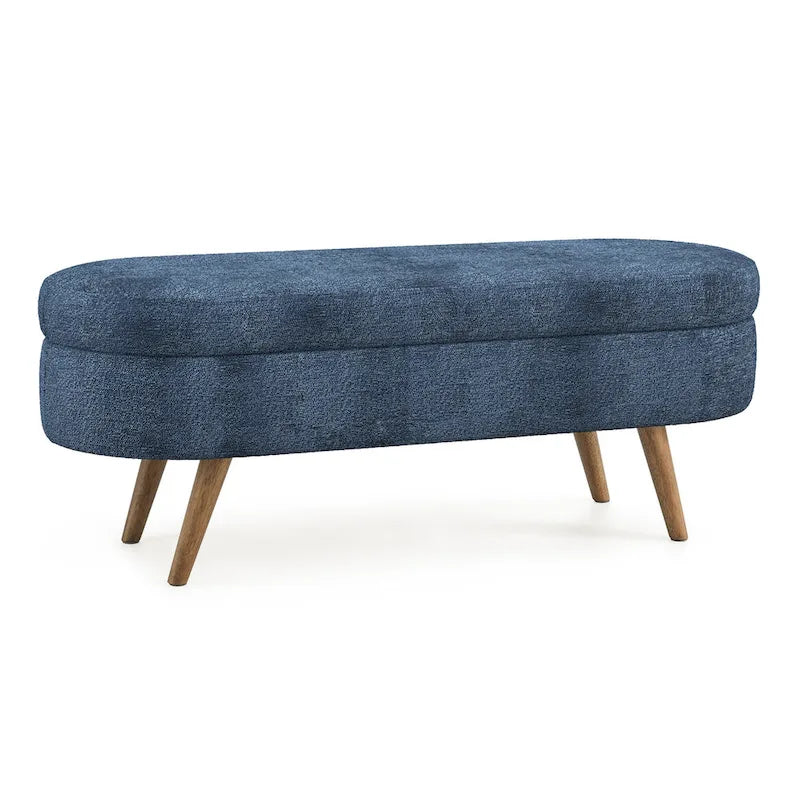 Banc de rangement ovale en tissu rembourré avec pieds en bois d'hévéa pour chambre, entrée, salon (43.5x16x16)