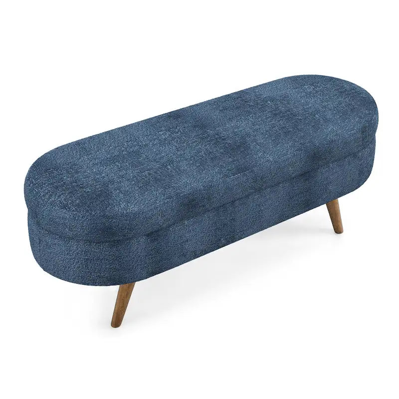 Banc de rangement ovale en tissu rembourré avec pieds en bois d'hévéa pour chambre, entrée, salon (43.5x16x16)