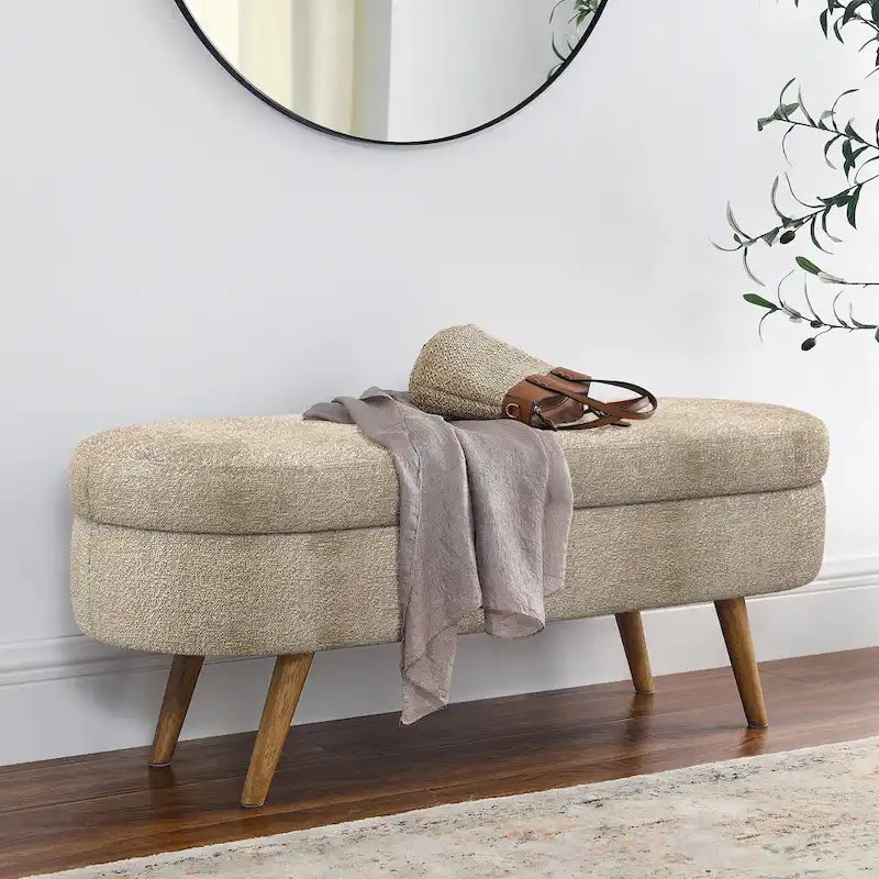 Banc de rangement ovale en tissu rembourré avec pieds en bois d'hévéa pour chambre, entrée, salon (43.5x16x16)