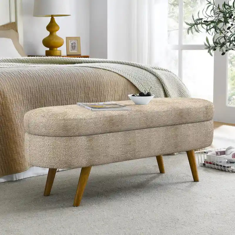 Banc de rangement ovale en tissu rembourré avec pieds en bois d'hévéa pour chambre, entrée, salon (43.5x16x16)