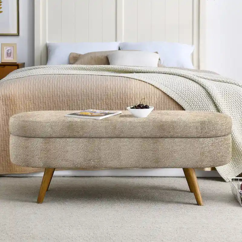 Banc de rangement ovale en tissu rembourré avec pieds en bois d'hévéa pour chambre, entrée, salon (43.5x16x16)
