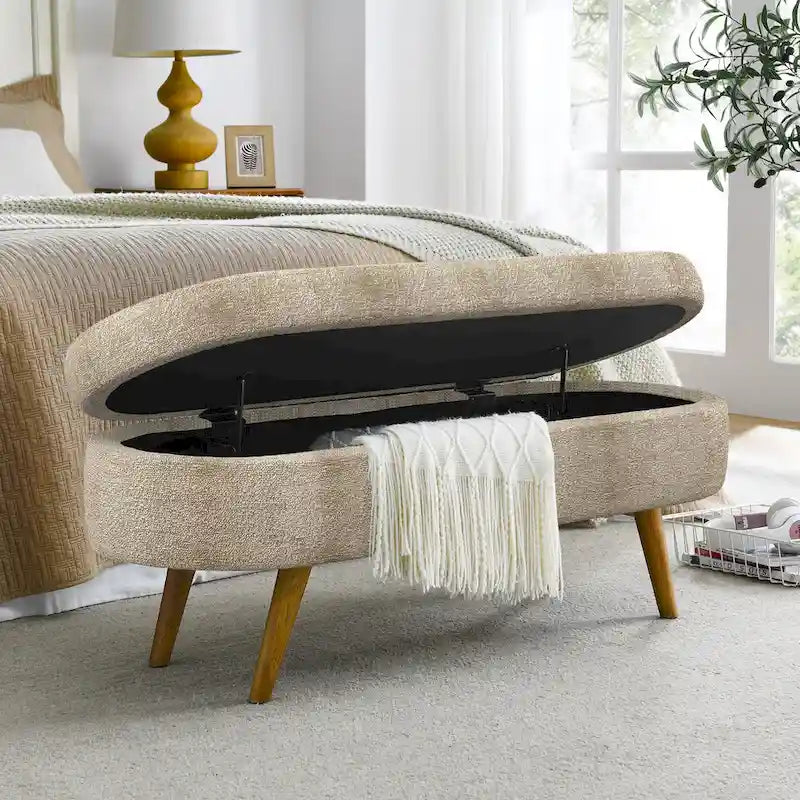 Banc de rangement ovale en tissu rembourré avec pieds en bois d'hévéa pour chambre, entrée, salon (43.5x16x16)