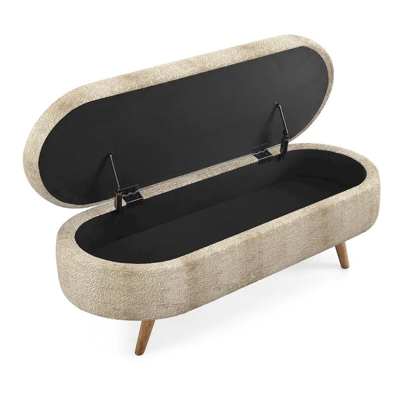 Banc de rangement ovale en tissu rembourré avec pieds en bois d'hévéa pour chambre, entrée, salon (43.5x16x16)