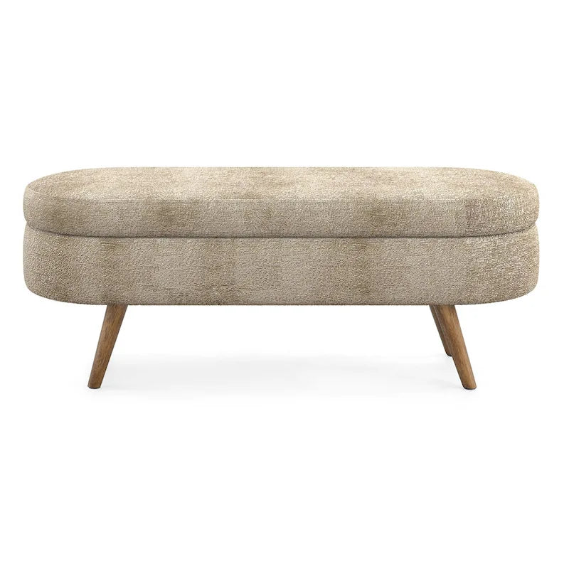 Banc de rangement ovale en tissu rembourré avec pieds en bois d'hévéa pour chambre, entrée, salon (43.5x16x16)