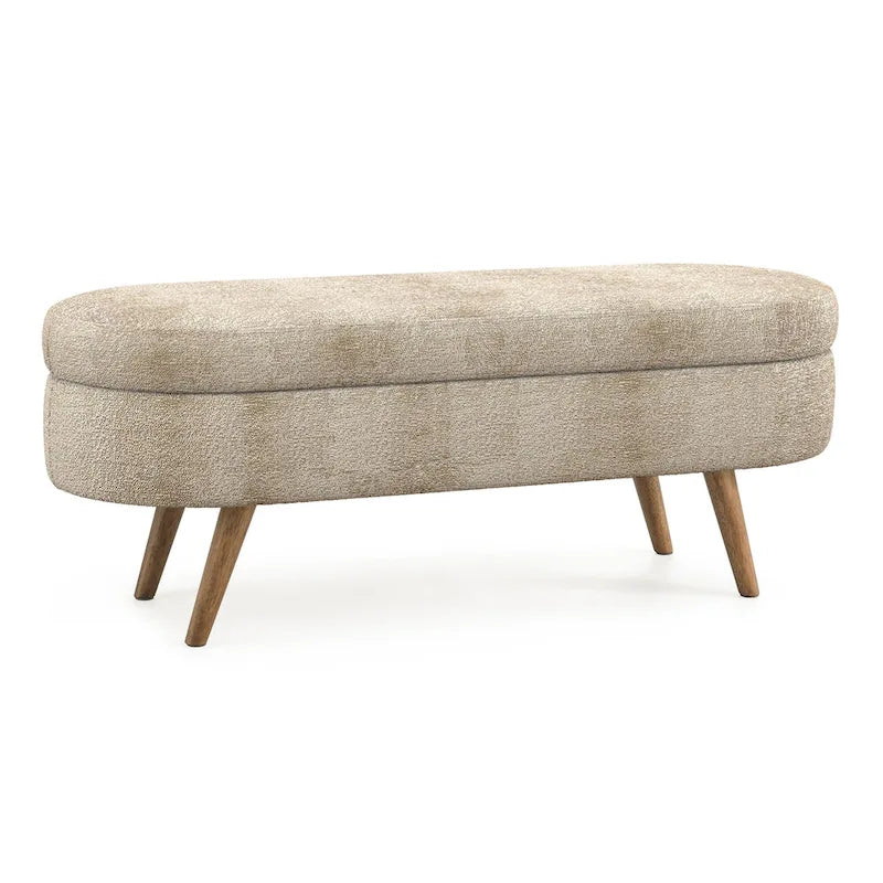 Banc de rangement ovale en tissu rembourré avec pieds en bois d'hévéa pour chambre, entrée, salon (43.5x16x16)