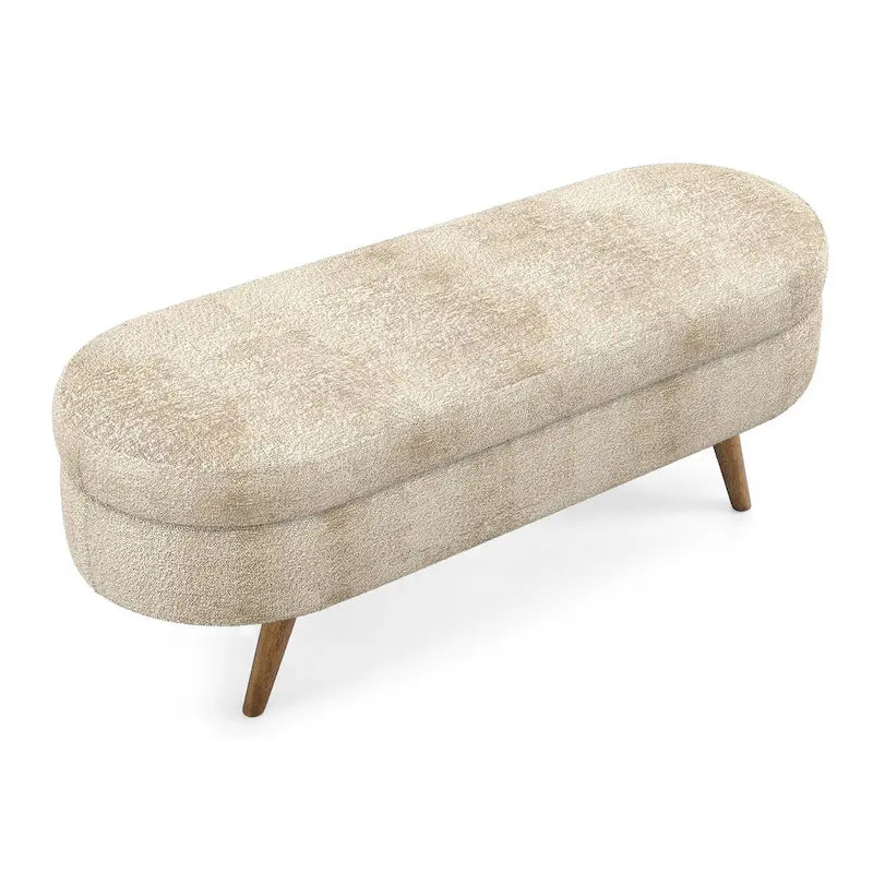 Banc de rangement ovale en tissu rembourré avec pieds en bois d'hévéa pour chambre, entrée, salon (43.5x16x16)