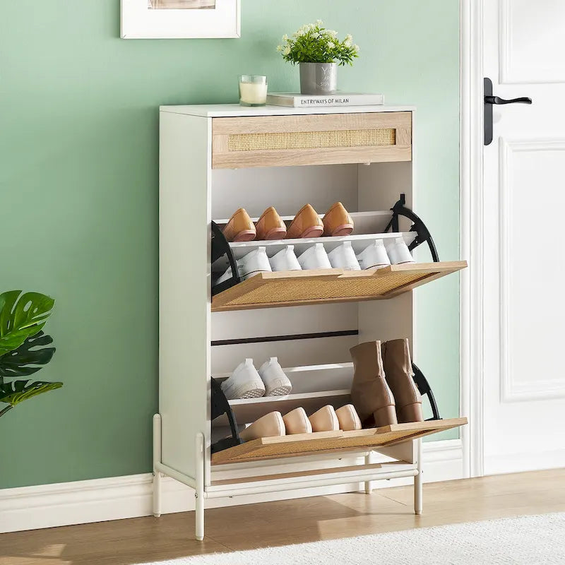 Meuble à chaussures en rotin naturel, meuble de rangement à 2 abattants