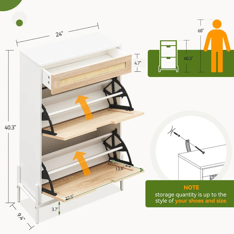 Meuble à chaussures en rotin naturel, meuble de rangement à 2 abattants