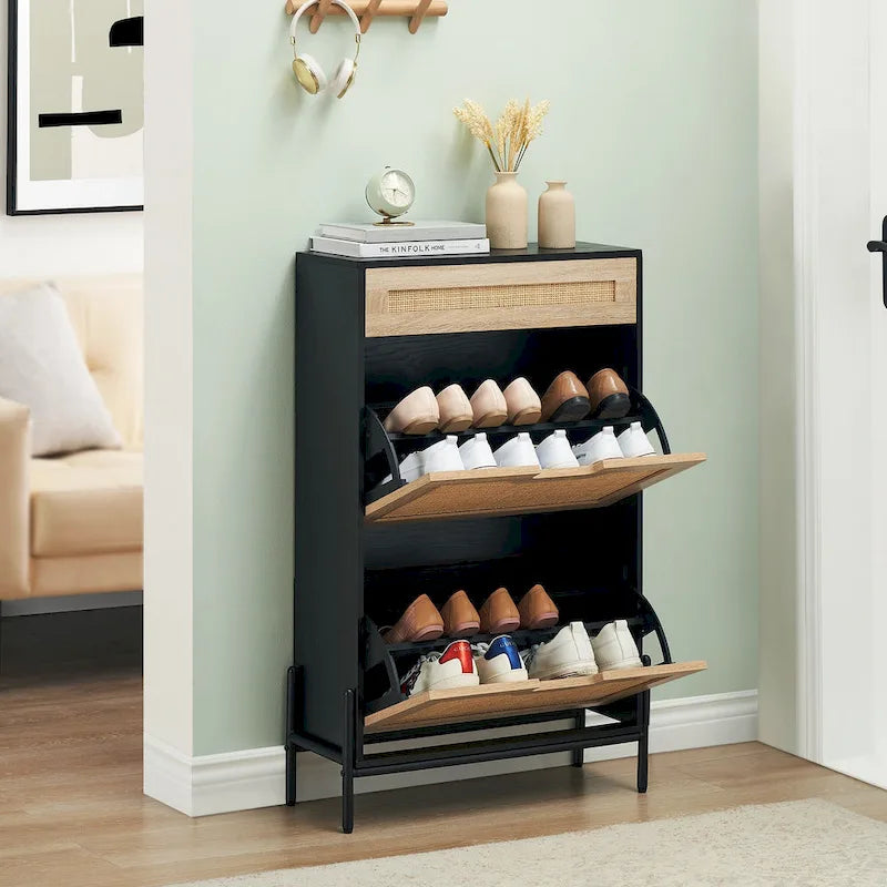 Meuble à chaussures en rotin naturel, meuble de rangement à 2 abattants