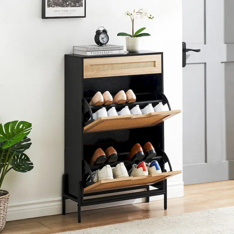 Meuble à chaussures en rotin naturel, meuble de rangement à 2 abattants