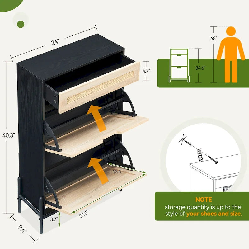 Meuble à chaussures en rotin naturel, meuble de rangement à 2 abattants