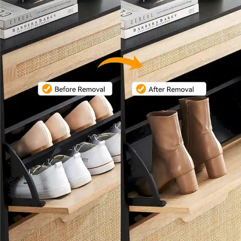 Meuble à chaussures en rotin naturel, meuble de rangement à 2 abattants