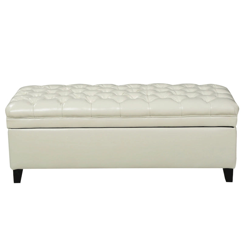 Banc de rangement ottoman, similicuir ivoire, bois marron, 127 cm