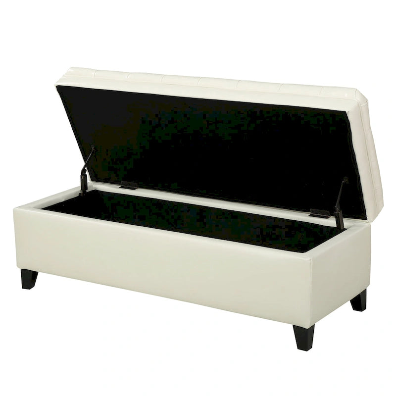 Banc de rangement ottoman, similicuir ivoire, bois marron, 127 cm