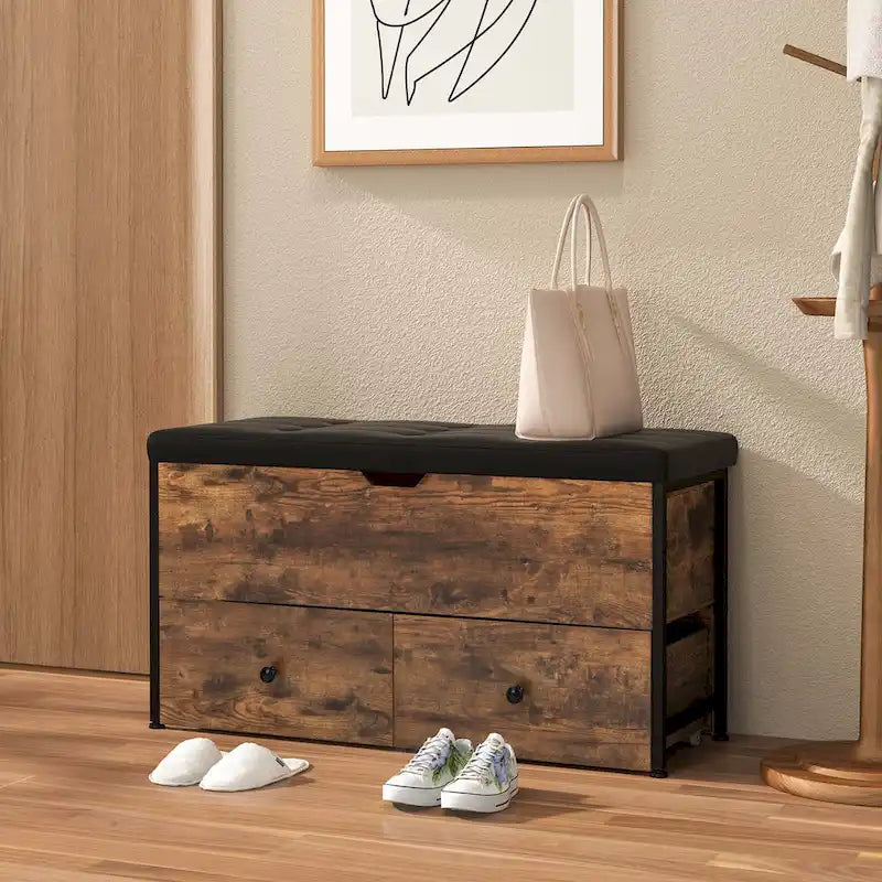 Banc de rangement ottoman en bois avec couvercle à charnière