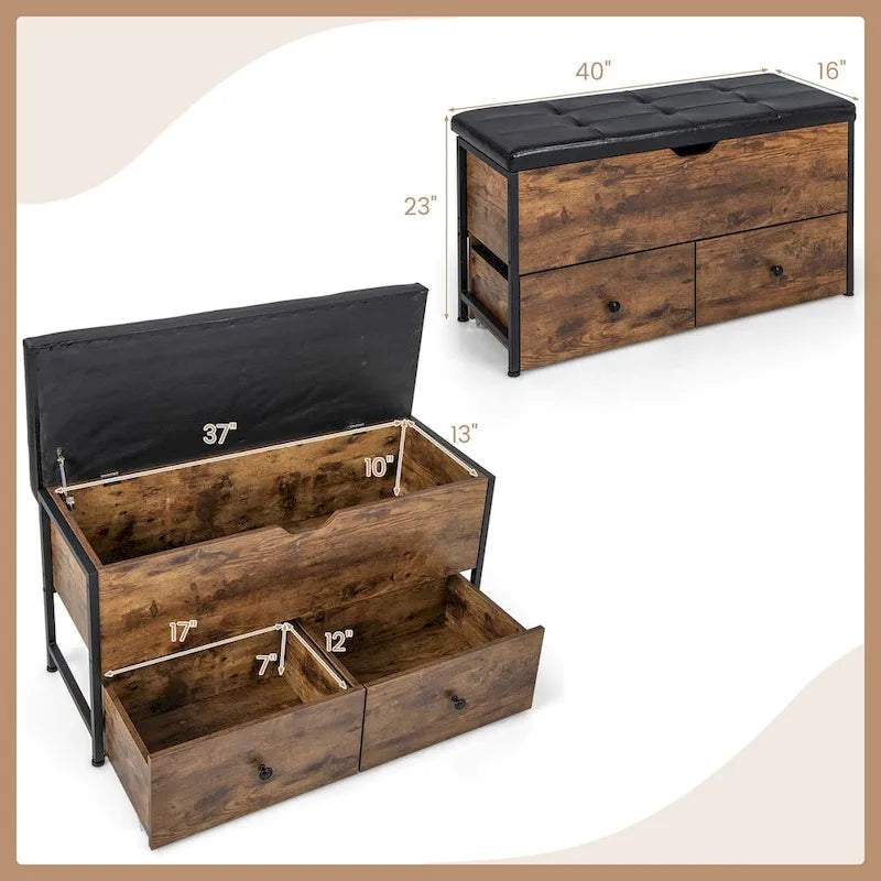 Banc de rangement ottoman en bois avec couvercle à charnière