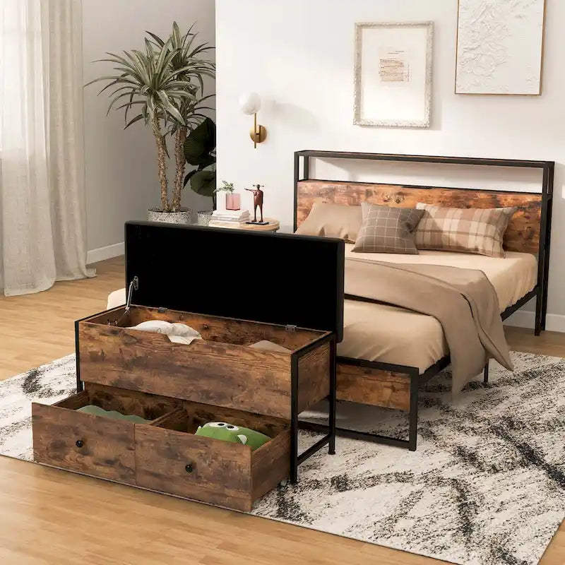 Banc de rangement ottoman en bois avec couvercle à charnière