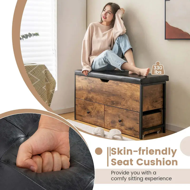 Banc de rangement ottoman en bois avec couvercle à charnière