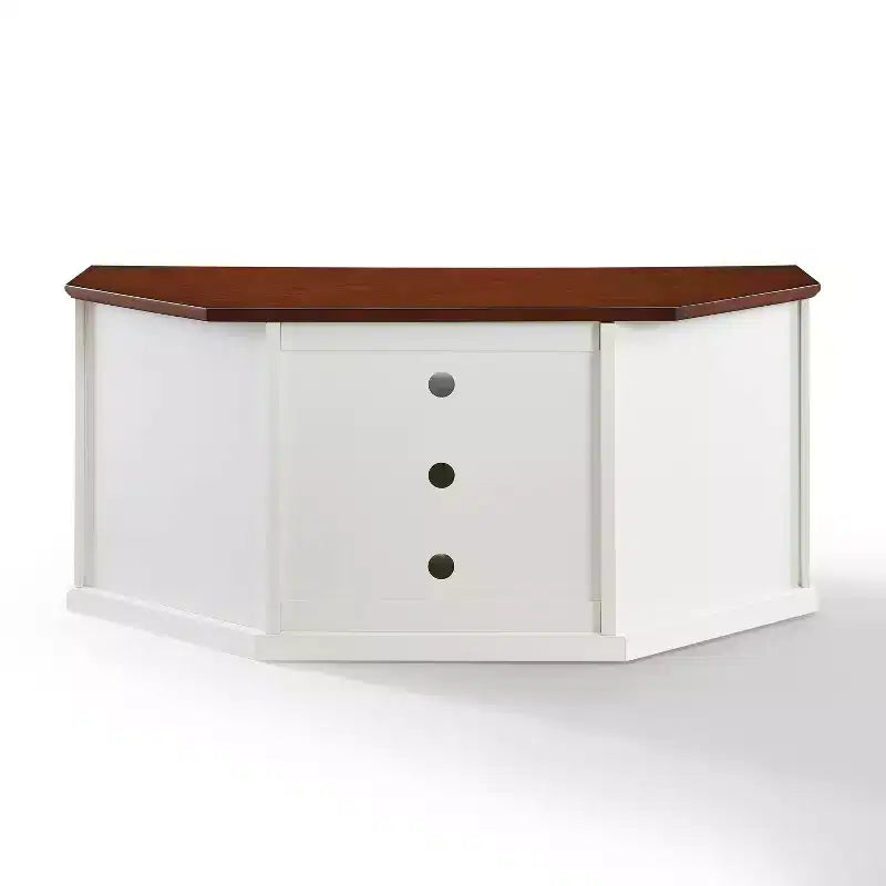 White Corner TV Stand for TVs up to 65, Beveled Glass Doors, 1-Person Assembly