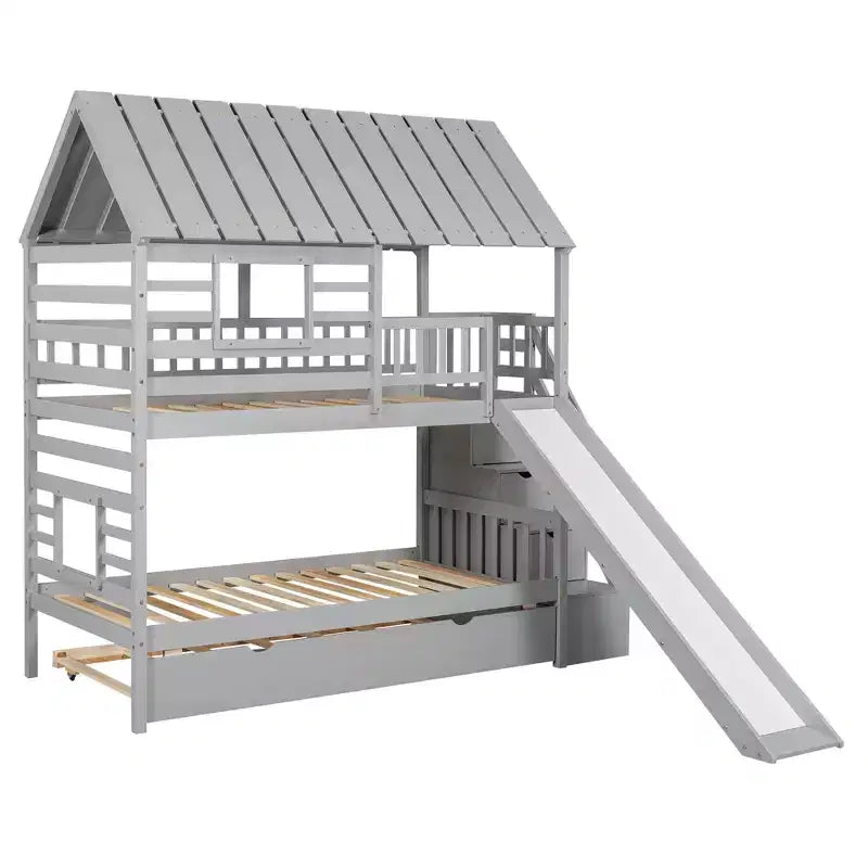 Whisen Twin over Twin House Bunk Bed with Trundle and Slide, Storage Staircase, Roof and Window Design