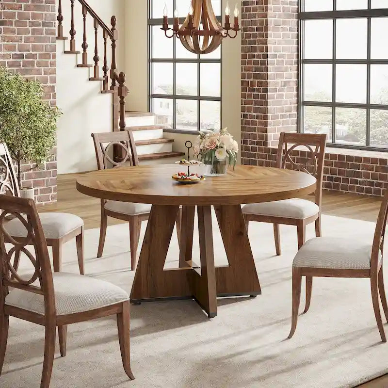 47 Inch Round Dining Table for 4, Wood Farmhouse Dinner Dinning Table for Kitchen Dining Living Room