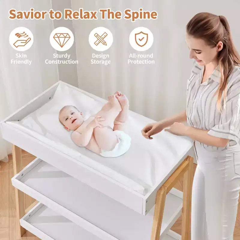 Modern Baby Changing Table with Waterproof Pad & 2 Storage Shelves, Portable Wood Nursery Furniture for Newborns/Infants, Wood+White
