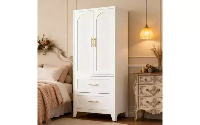 JVNOXK 71 inchTall Metal Wardrobe Cabinet with 2 Drawers and Hanging Rod, 2 Doors Wardrobe Closet with Shelf for Bedroom, White