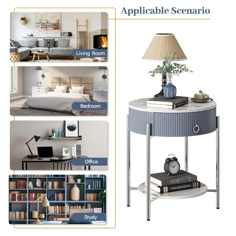 Myhozm Modern End Table with Storage Drawer, Round Nightstand with Metal Legs for Living Room, Bedroom, Office