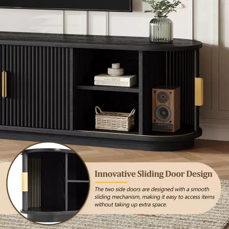 GDFStudio Roy Farmhouse Wooden TV Stand with Sliding Tambour Door and Adjustable Storage