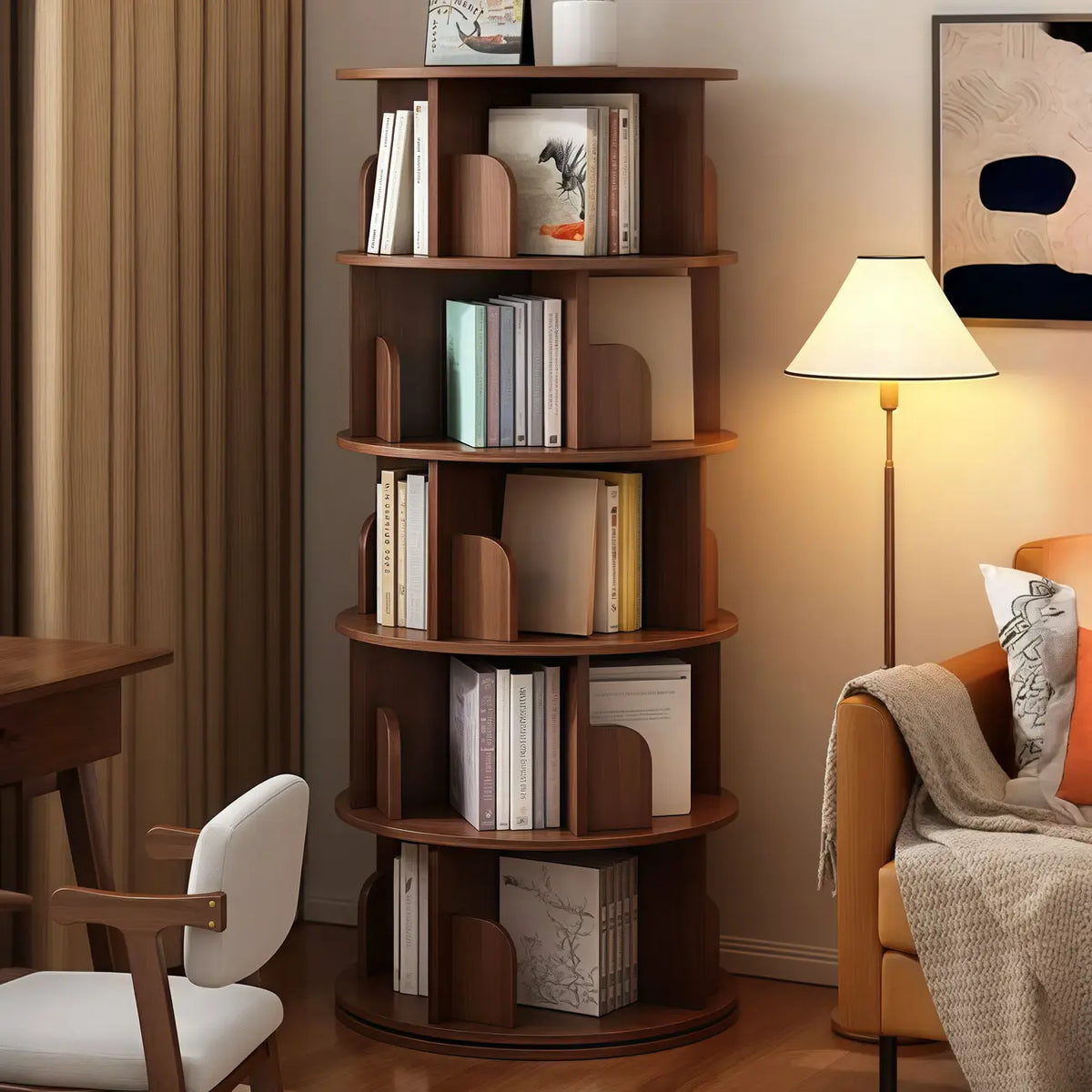 Brown Cylindrical Wooden Rotating Open-Back Bookcase