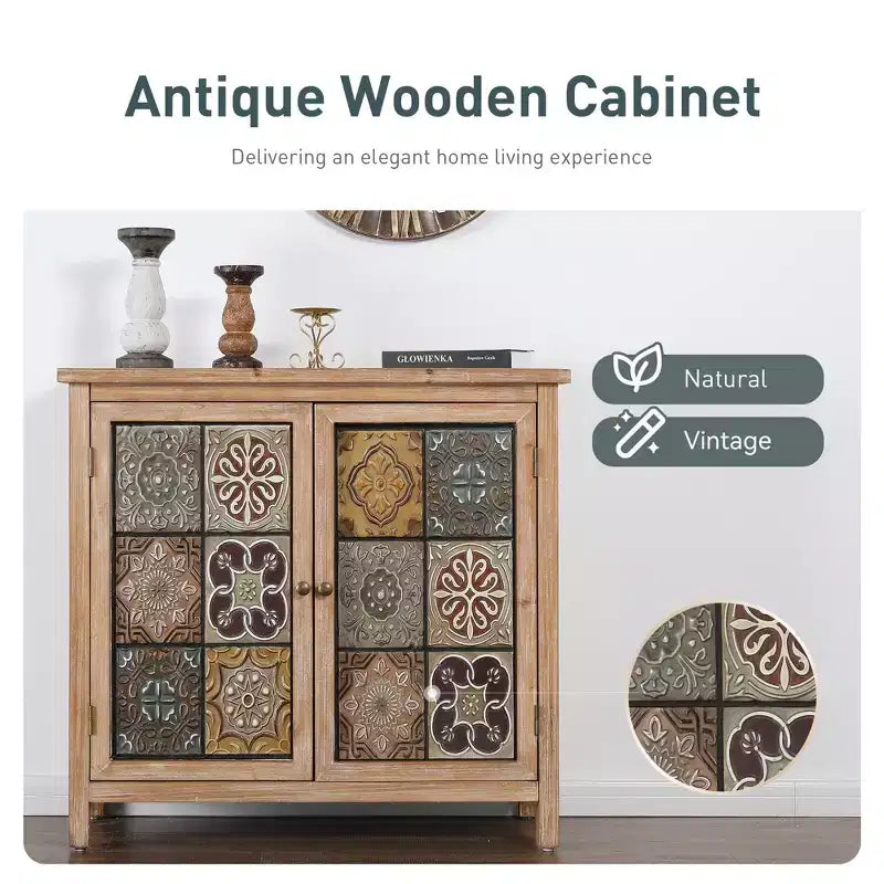 Captiva Designs Accent Distressed Checkered Patterns Storage Cabinet with 2 Doors for Entryway Living Room