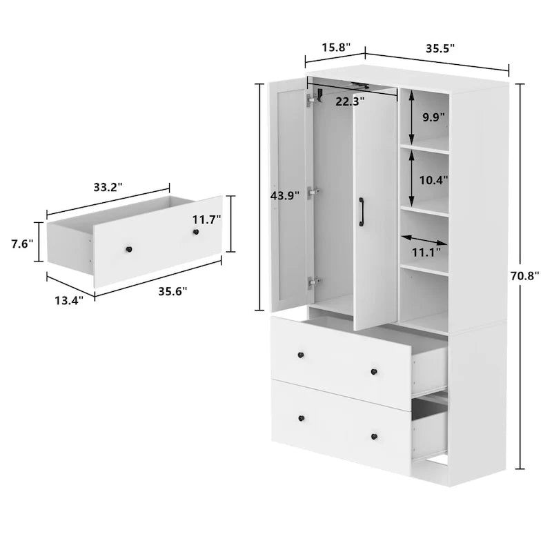 Wardrobe Clo Armoire wi/Mirror & Scalable Hanging Rod Space Saving