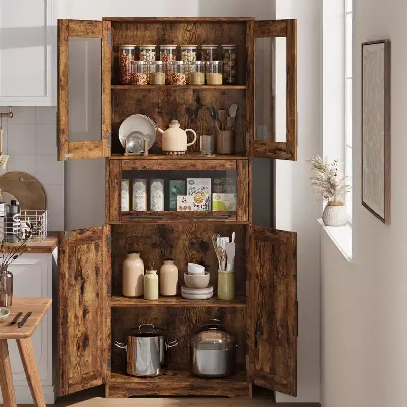 66.9 Large Bathroom Cabinet with 4 Doors, Freestanding Storage Cabinet with Glass Doors, Adjustable Shelves & Drawers for Kitchen Pantry Living Room
