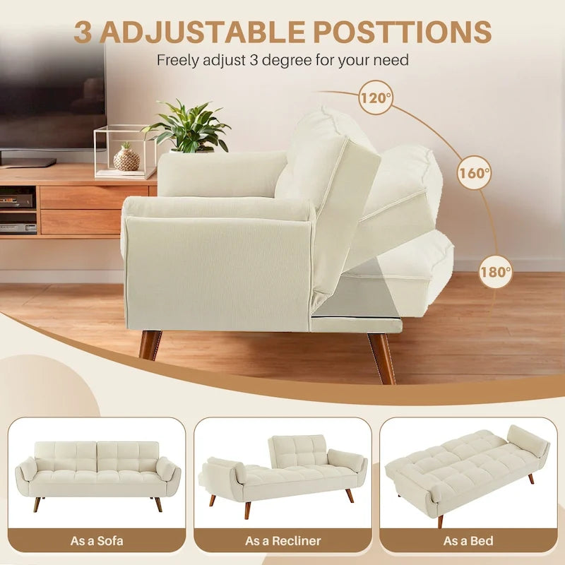 75.39 INCH Futon Sofa Bed, Convertible Folding Futon Couch Recliner Lounge For Living Room With 2 Pillow/Armrest