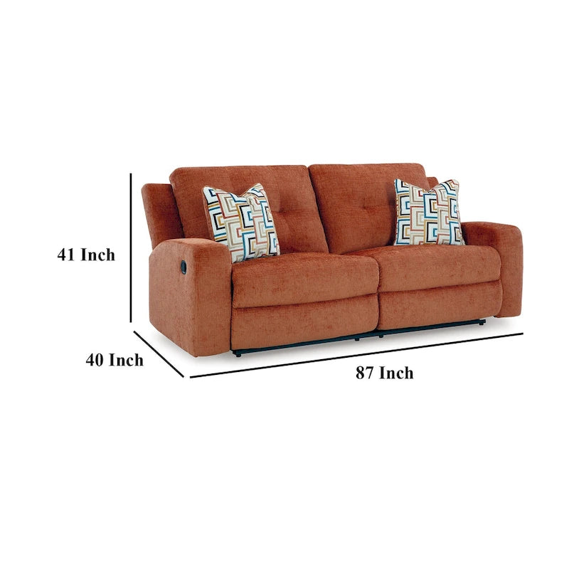 87 Manual Recliner Sofa with Tufted Back & 2 Accent Pillows | Spice Orange
