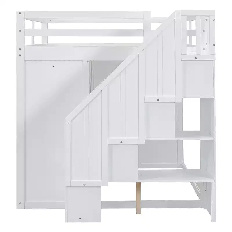 Teddy Fleece Full Size Loft Bed with Storage Shelf and Drawers, Wooden High Loft Bed with Versatile Desk for Bedroom