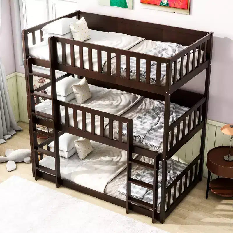 Triple Twin Bunk for Kids, Twin over Twin over Twin Detachable Bunk Bed with Ladder and Guardrail, Separate into 3 Beds