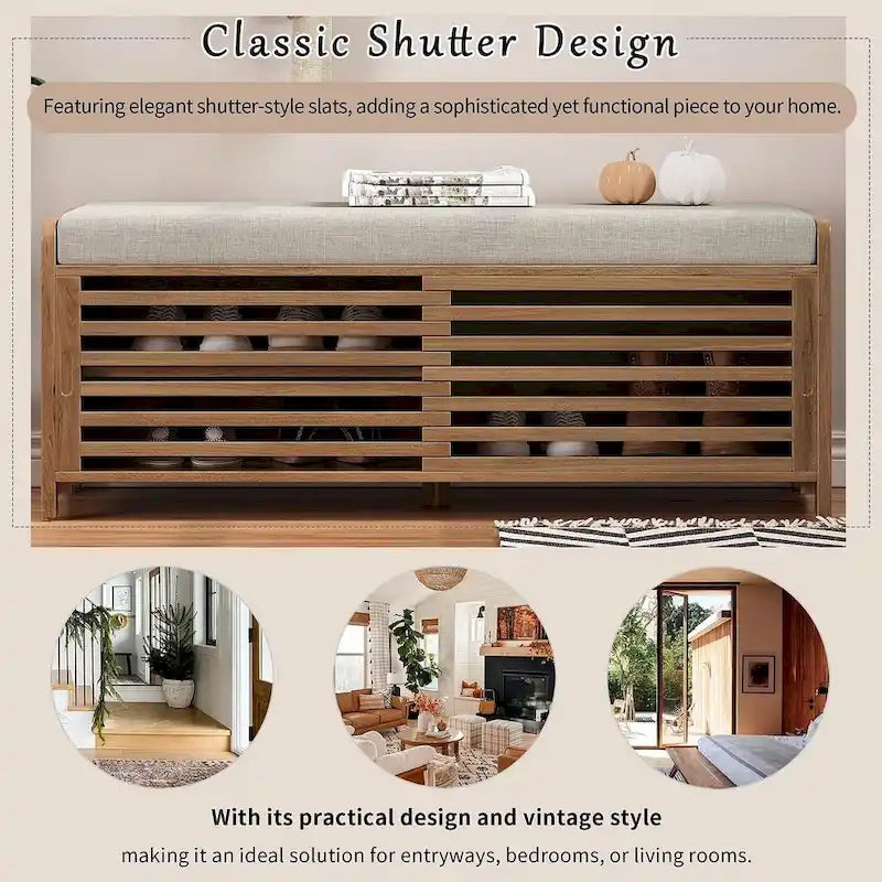 43.30 Solid Wood Storage Bench with Contemporary Distressed Blinds