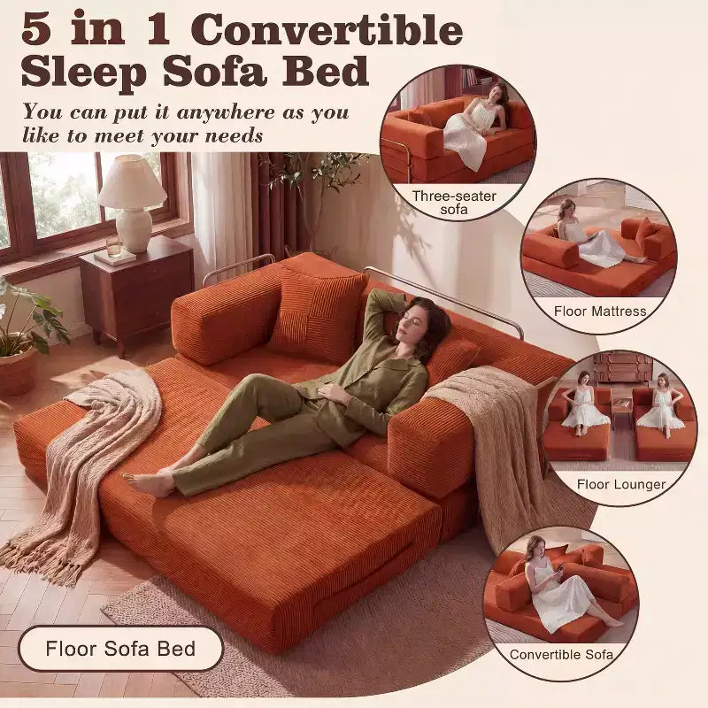 Dyonery 65-in five-in-one folding floor sofa bed, convertible into a double bed sofa bed, with a fixed metal frame, corduroy