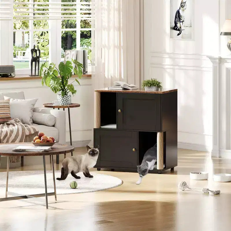 Litter Box Enclosure with Double Room, Hidden Enclosed Litterbox Furniture with Scratch Posts and Double-Layer Litter Mats Indoor Pet House