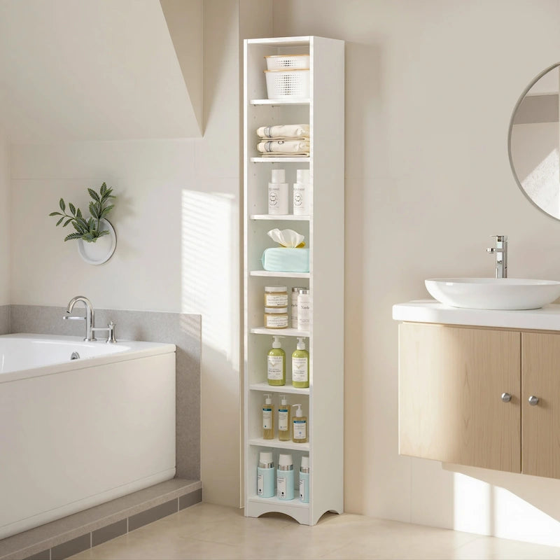 VECELO 70.9 Inches Tall Bathroom Narrow Linen Cabinet, 8 Tiers Solid Wood Freestanding Storage Cabinet