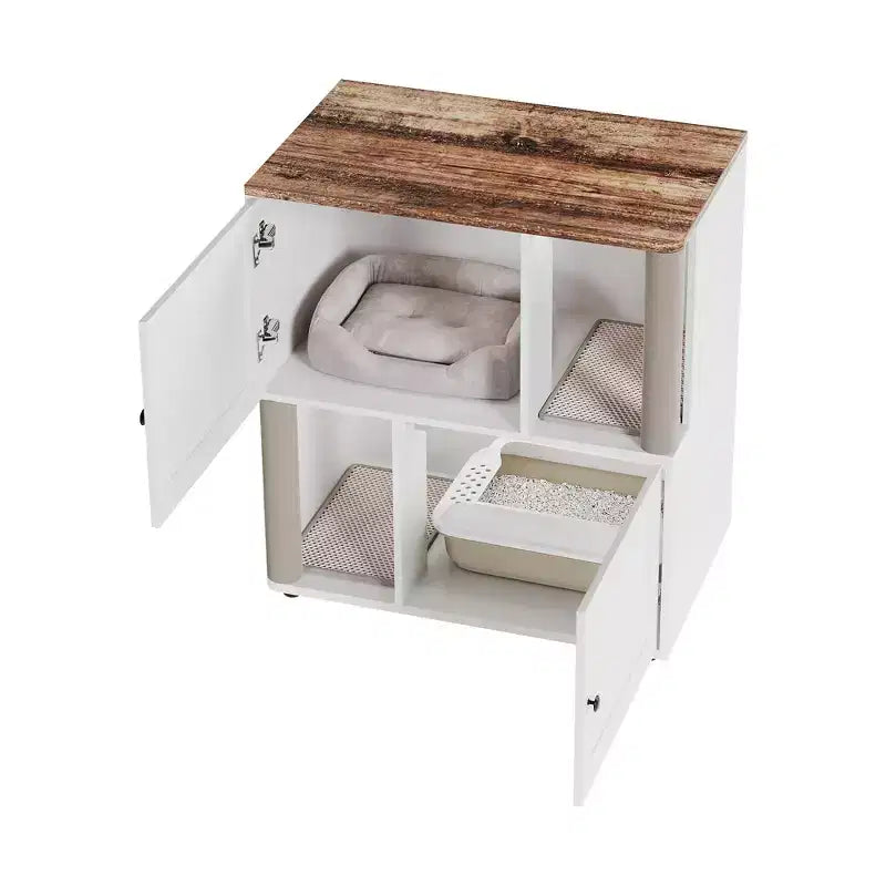 Litter Box Enclosure with Double Room, Hidden Enclosed Litterbox Furniture with Scratch Posts and Double-Layer Litter Mats Indoor Pet House