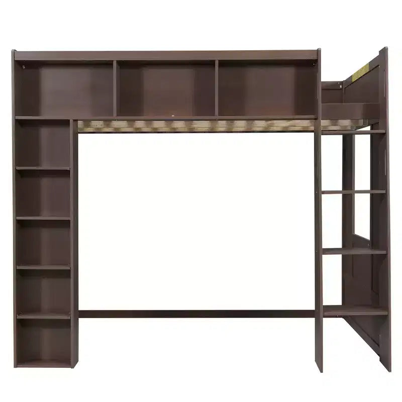 Whisen Queen Size Wooden Loft Bed Frame with Storage Cabinets and Shelves