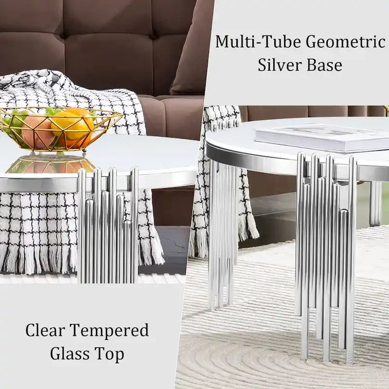 Round Tempered Glass Coffee Table with 3 Tiers 360 Degrees Rotating Top