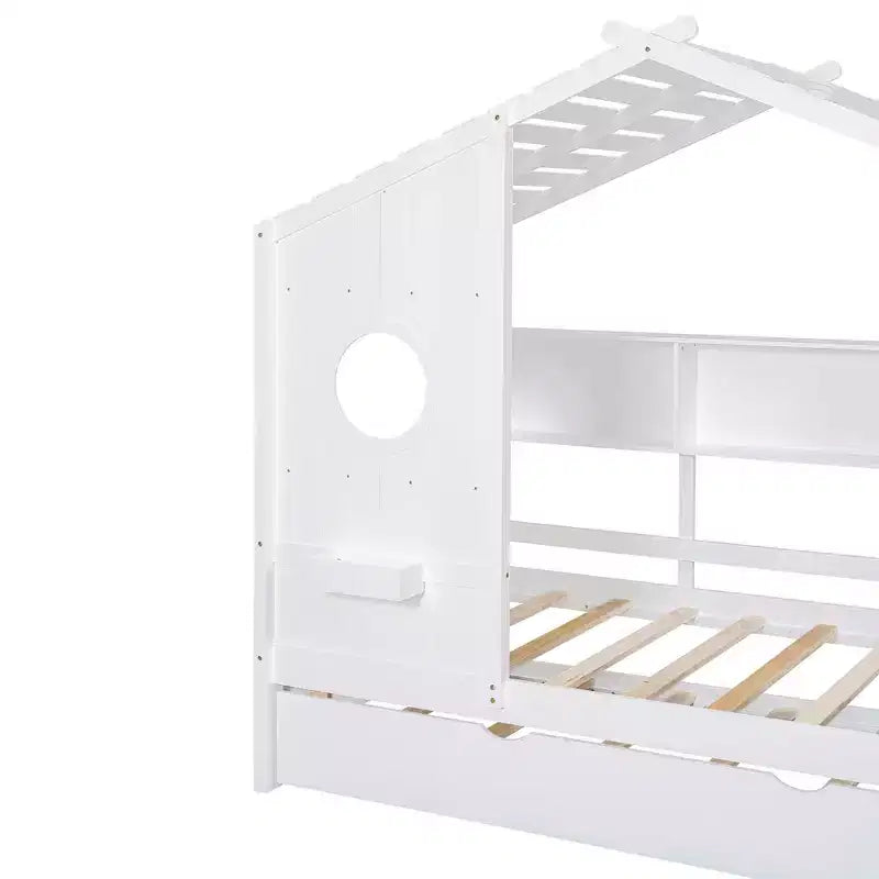 Twin Size House Bed with Trundle and Storage Shelf for Kids, White
