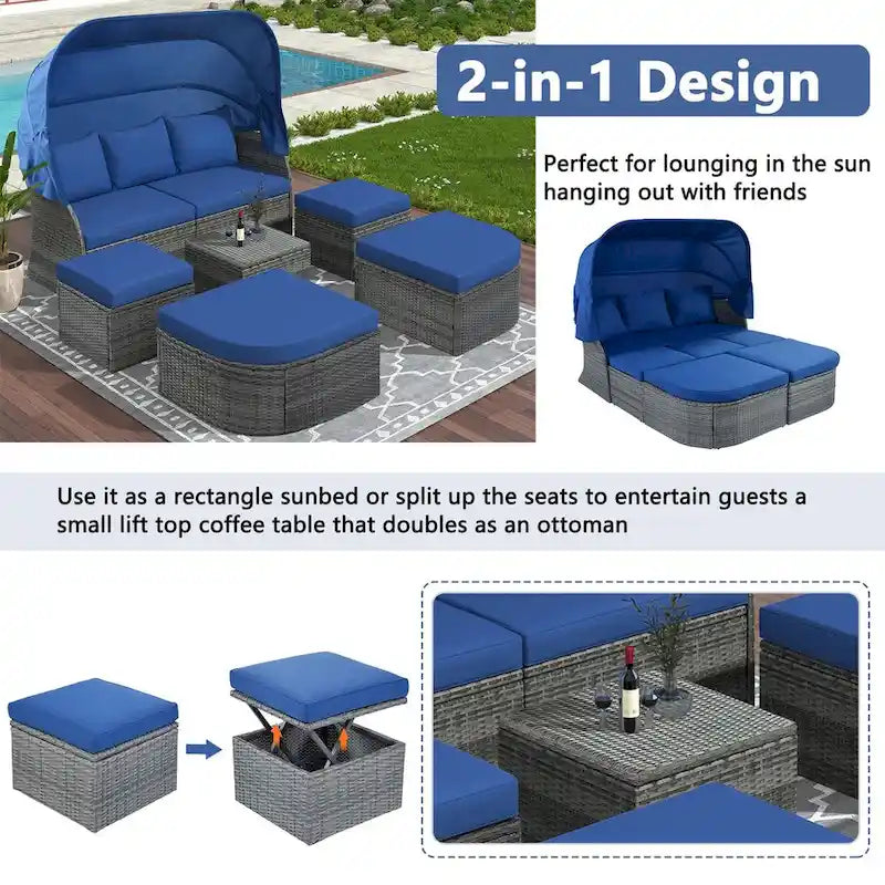 Outdoor Gray Wicker Daybed with Cushions and Retractable Canopy