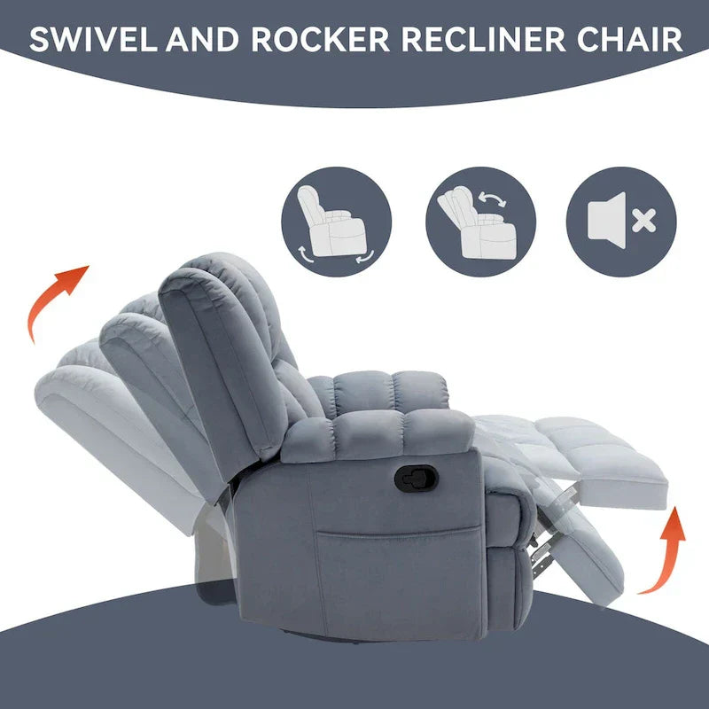 Lazy Boy Swivel Rocker Fabric Recliner Chair, Overstuffed Large Manual Recliner Glider with Pillow Top Arms and Cushion Back