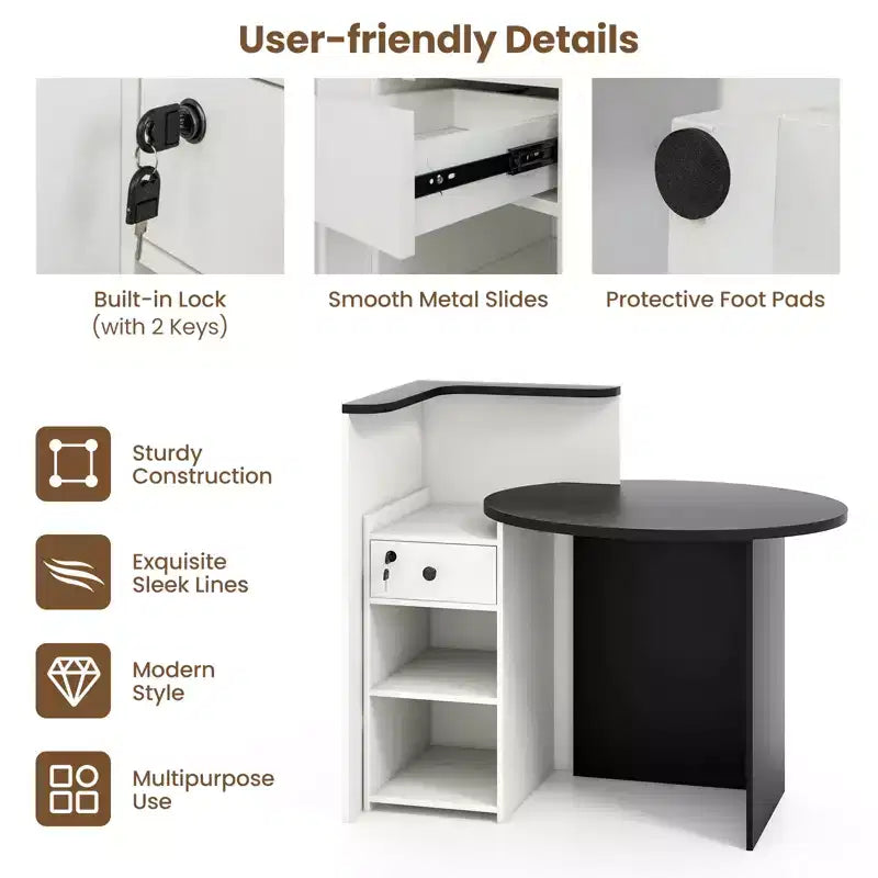 Costway Front Reception Counter Desk Checkout Office Desk with Open Shelf & Lockable Drawer White/Brown/Black