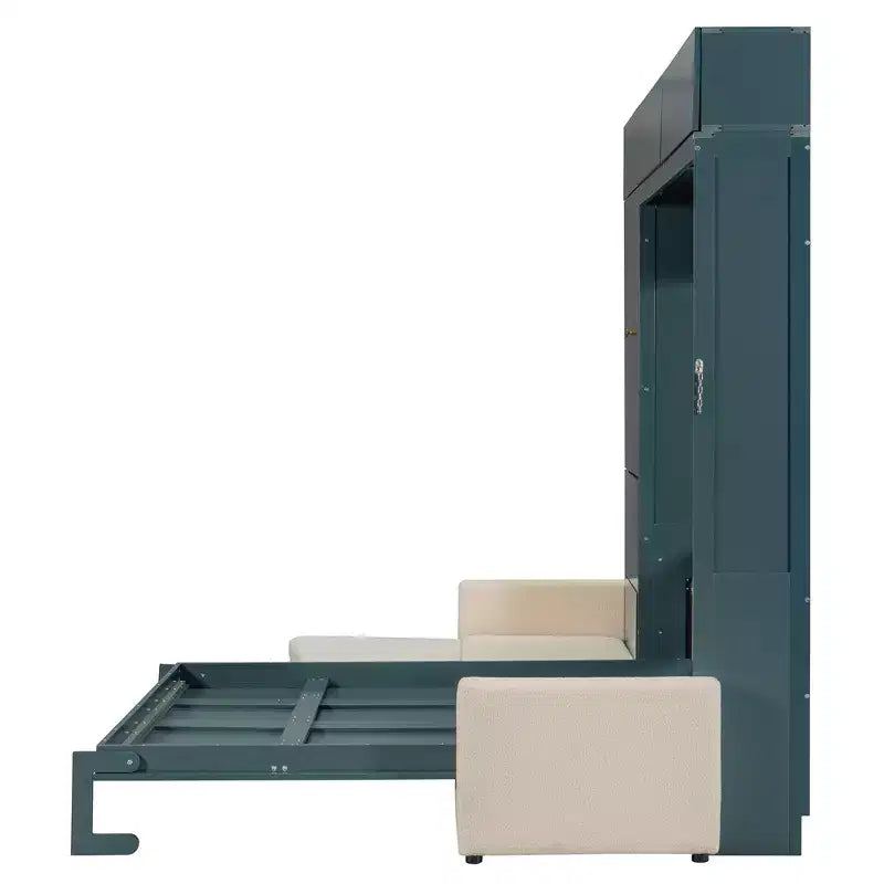 Queen Size Murphy Bed with Sofa and Cabinet, Wooden Queen Cabinet Bed Wall Bed with Shelves, Folding Wall Chest Bed for Guest Room Office